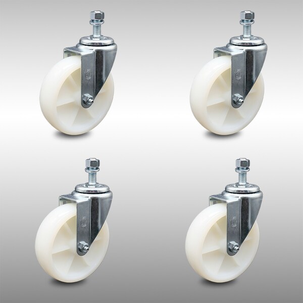 5 Inch SS Nylon Wheel Swivel 1/2 Inch Threaded Stem Caster Set